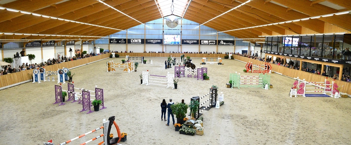 Springreithalle mit Hindernissen auf einem Sandplatz