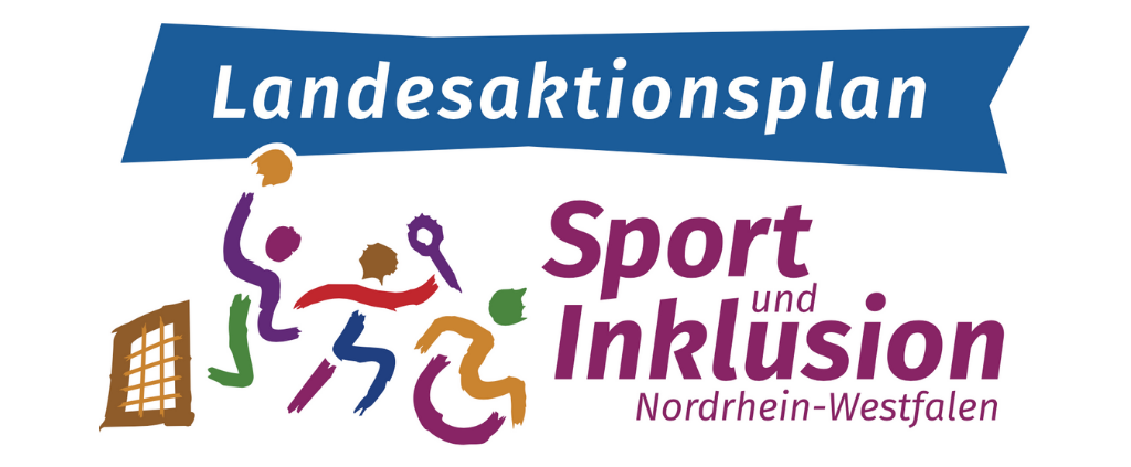Das bunte Logo von Sport und Inklusion in Nordrhein-Westfalen auf weißen Grund. Links sieht man grob gemalt ein Tor, einen einbeinigen Handballer, einen Tennisspieler und einen Rollstuhlfahrer, wobei die einzelnen Körperteile jeder Person in verschiedenen Farben, wie lila, violett, orange, blau, gelb und grün, dargestellt sind. Rechts davon steht der lilafarbene Titel Sport und Inklusion in Nordrhein-Westfalen.