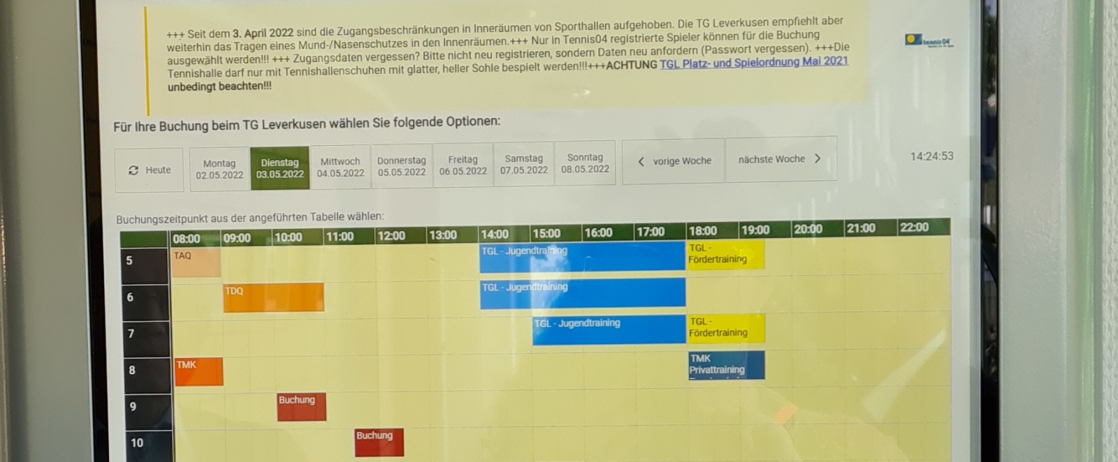 Blick auf das Raumbuchungssystem der Tennisgemeinschaft.