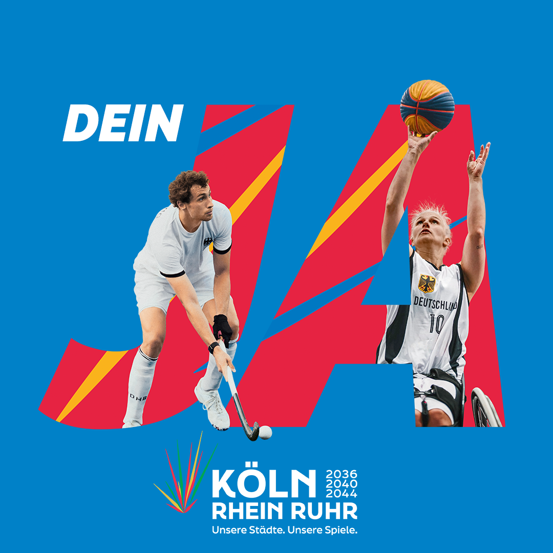 Grafik auf blauem Hintergrund mit rotem JA