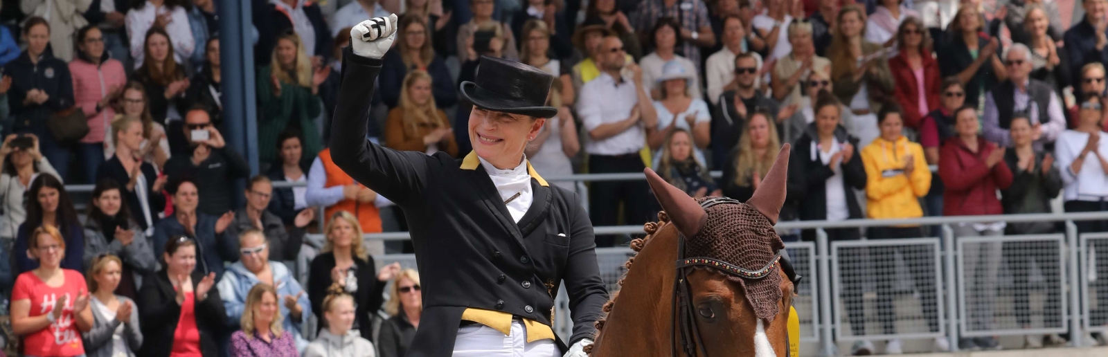 Pferdesport - Eine Reiterin auf einem brauenen Pferd mit dunkelblauen Pferdeumhang auf dem weiß gedruckt steht "CHIO Aachen".