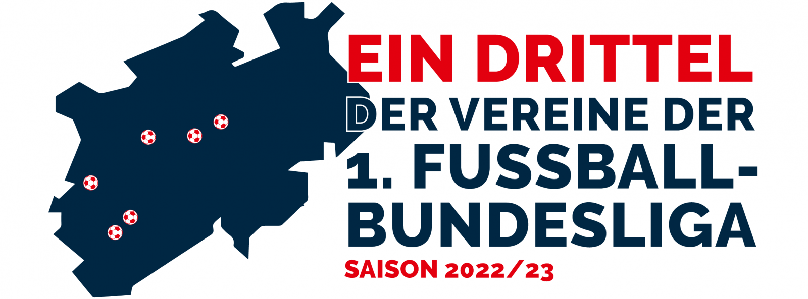 NRW-Landkarte mit Schriftzug ein Drittel der Vereine der 1. Fußball-Bundesliga